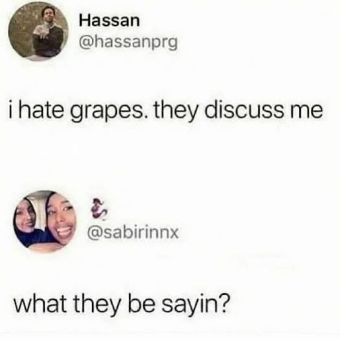 Funny tweets exchange about grapes discussing someone, illustrating humor for those who don’t use X but want a good laugh.