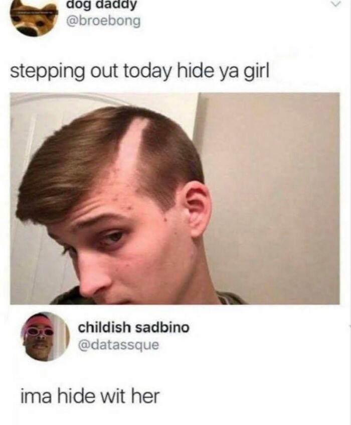 A man with a pale stripe where his hair was parted. A second user comments with a reaction image. This is a rare burn.