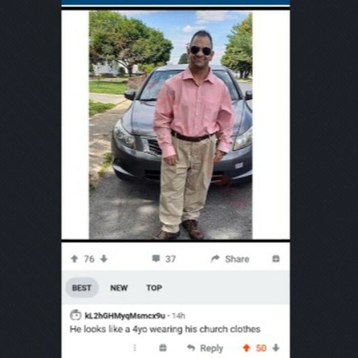 Man in pink shirt and khakis by a car, with a comment below that's one of those rare burns.