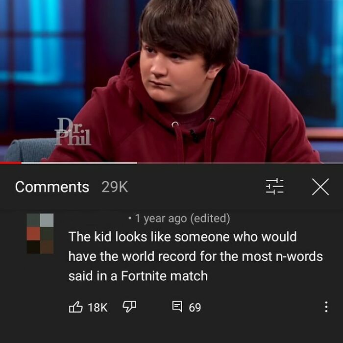A boy from Dr. Phil's show shown with a rare burn comment on YouTube. The comment describes him as a gamer.
