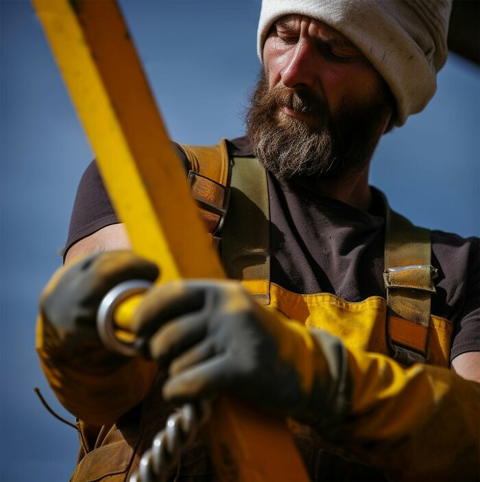 A focused construction worker with a beard and yellow safety harness, handling equipment. Represents workplace incidents.