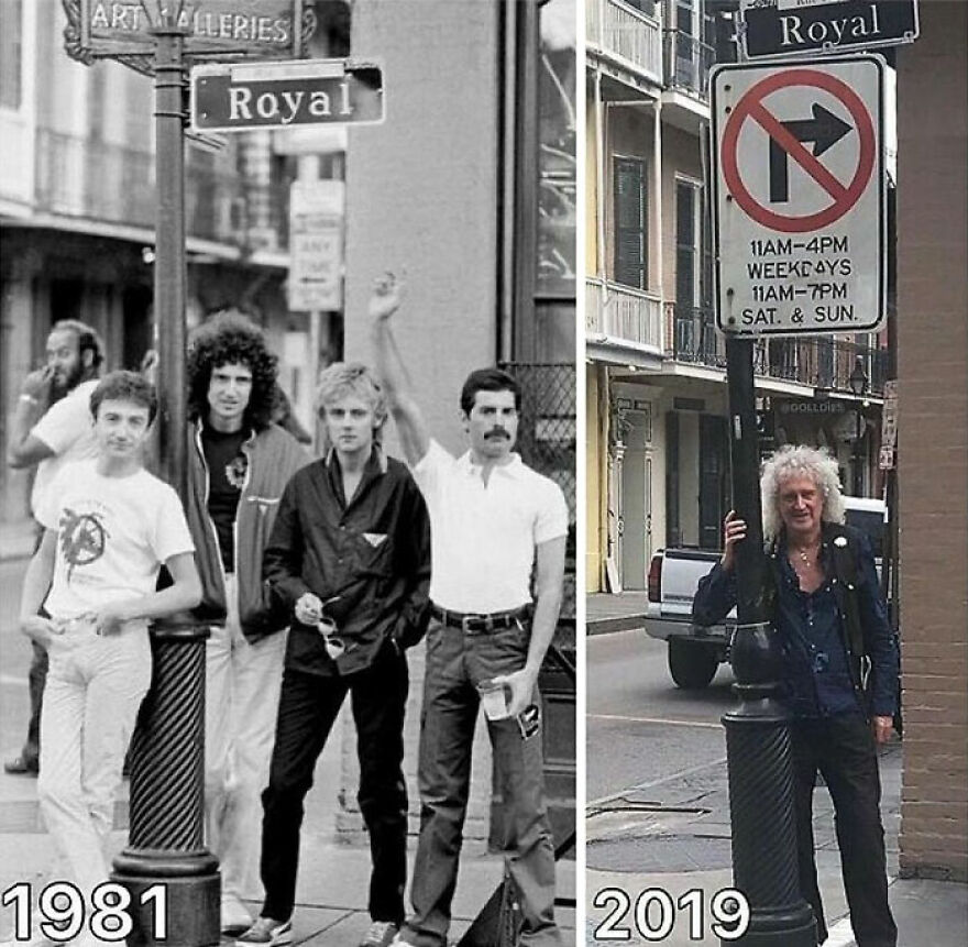 A then-and-now photo of Queen in 1981 and Brian May in 2019 on Royal Street, offering fascinating photos about history.