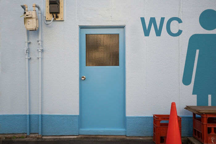 A light blue bathroom door with a frosted glass window, next to a large WC sign and female symbol. It represents absurd rules schools and workplaces tried to implement.
