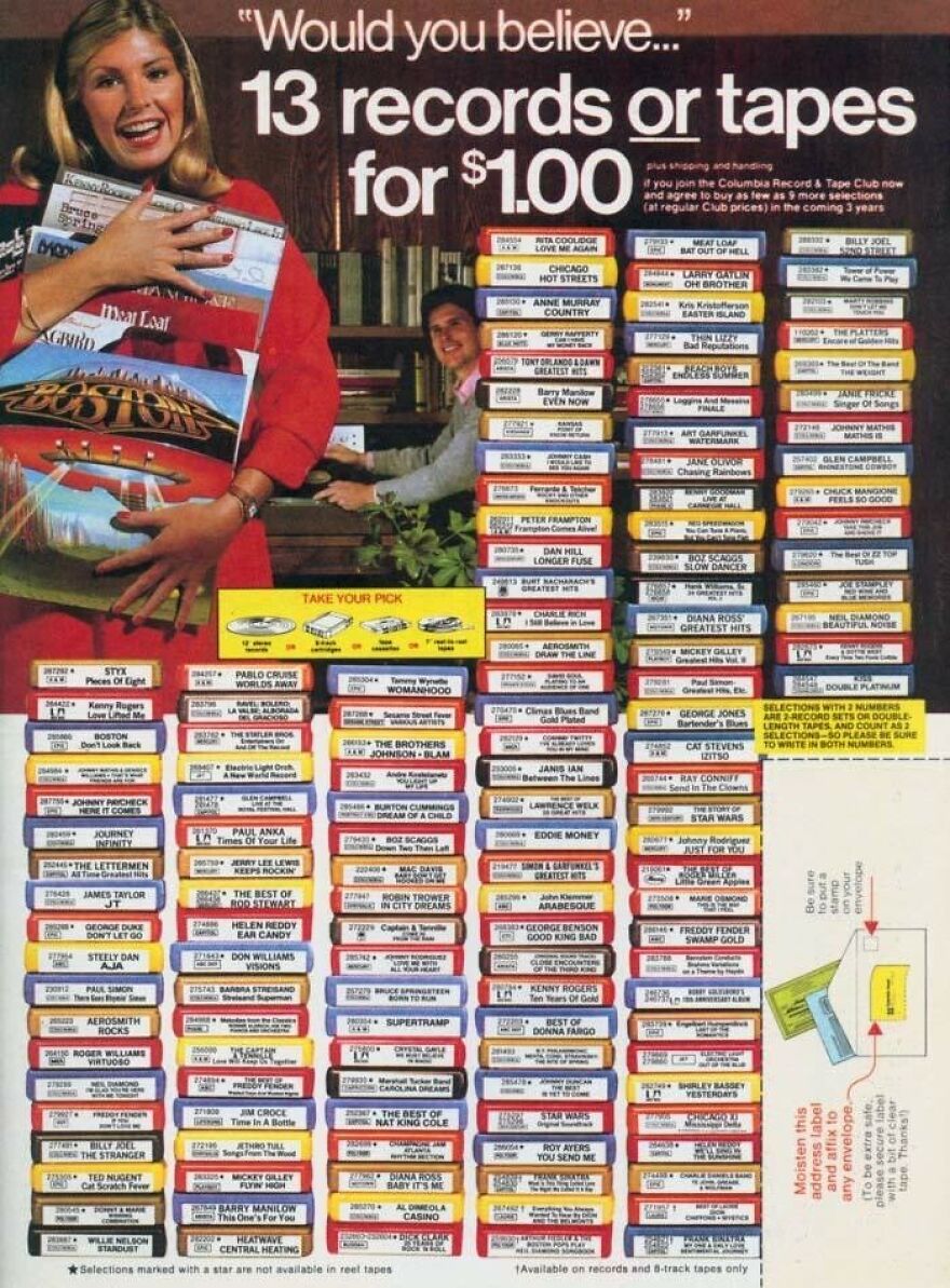 A smiling woman holds classic records, surrounded by stacks of tapes, inviting viewers to take a trip down memory lane.