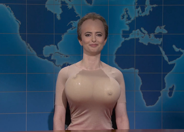 SNL cast member performing a satirical sketch mocking Bryan Noem amid internet backlash over scandal coverage.