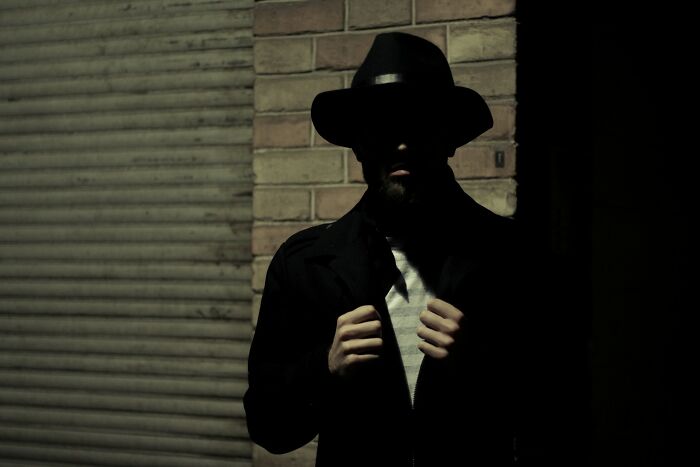 Silhouetted person wearing a hat and coat standing by a brick wall, symbolizing dark family secrets revealed.