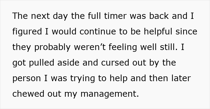 Text excerpt showing a worker describing being chewed out by management for going the extra mile instead of being thanked.