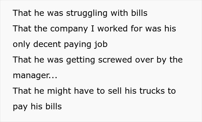Text highlighting a friend struggling with bills, being overworked, underpaid, and mistreated by his manager.