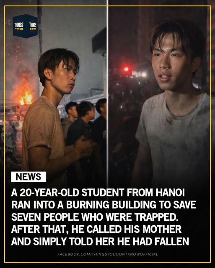 Young man from Hanoi heroically rescues seven people from burning building, showing bravery in a sad and real world story.