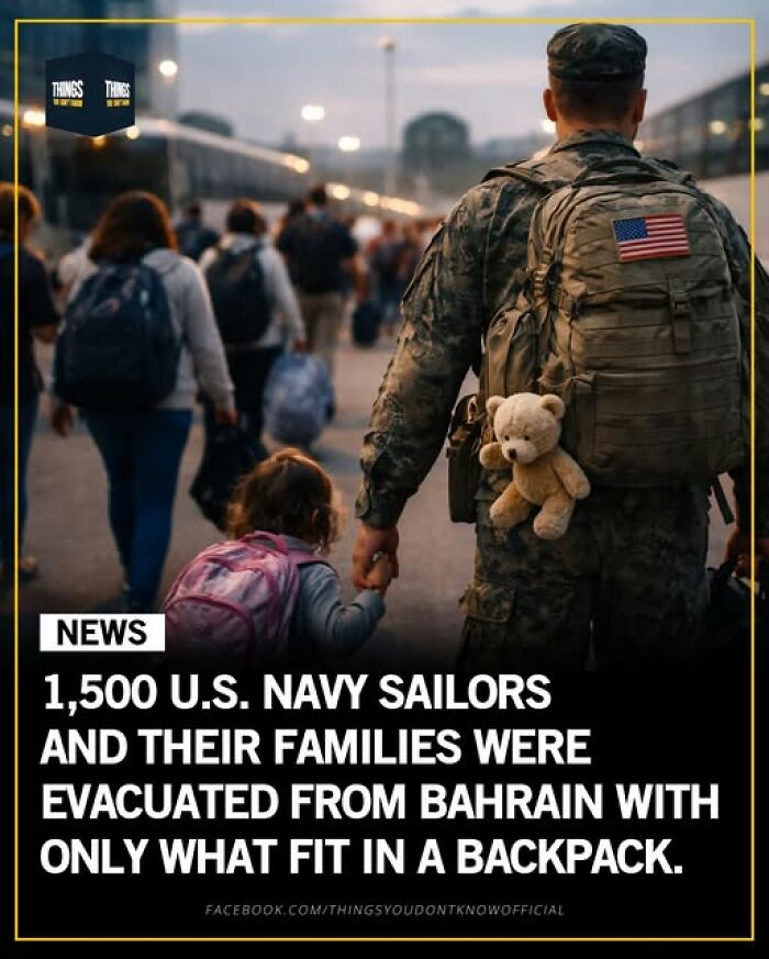 U.S. Navy sailor evacuates with family, carrying only a backpack, illustrating great and sad moments in our world.