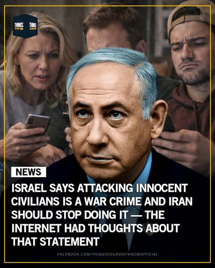 Man with blue hair in foreground with two people looking at phones behind, showing facts and stories about world events.