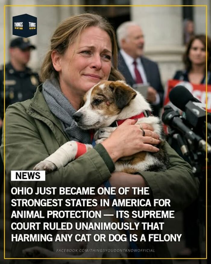 Woman holding a dog during a news event about strong animal protection laws in Ohio, showing sad and great moments.
