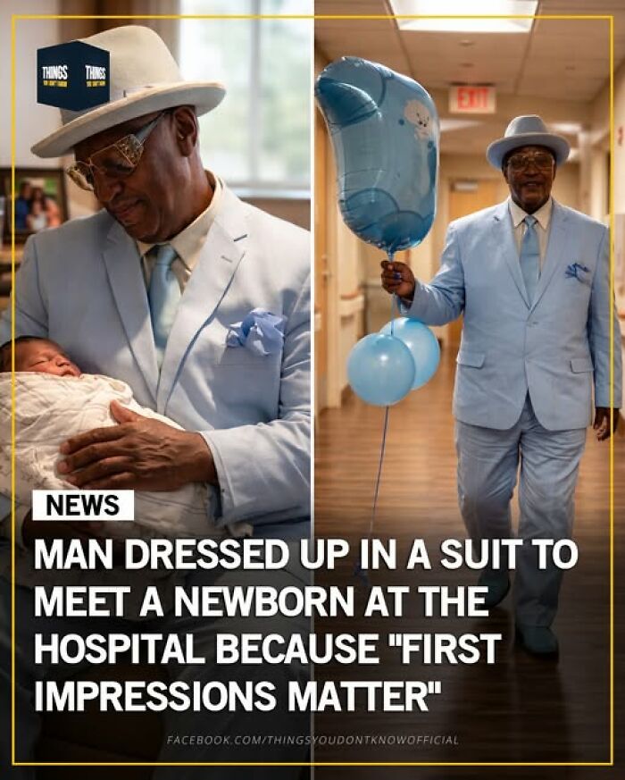 Man dressed in a suit meeting a newborn at the hospital, showing great and heartwarming moments in our world.