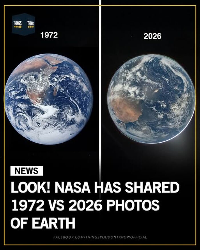 Side-by-side photos of Earth from 1972 and 2026 showing changes in the planet from a global perspective.