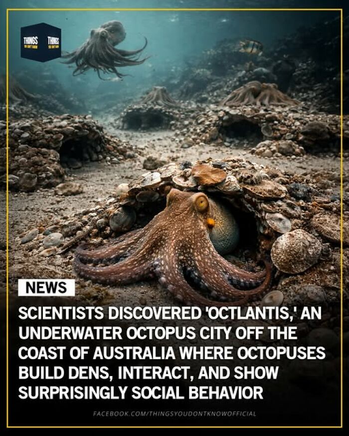Underwater octopus city Octlantis off Australia shows social behavior with dens and interaction among octopuses.