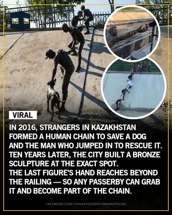 Bronze sculpture in Kazakhstan depicts strangers forming a human chain to save a dog, highlighting great and sad world events.