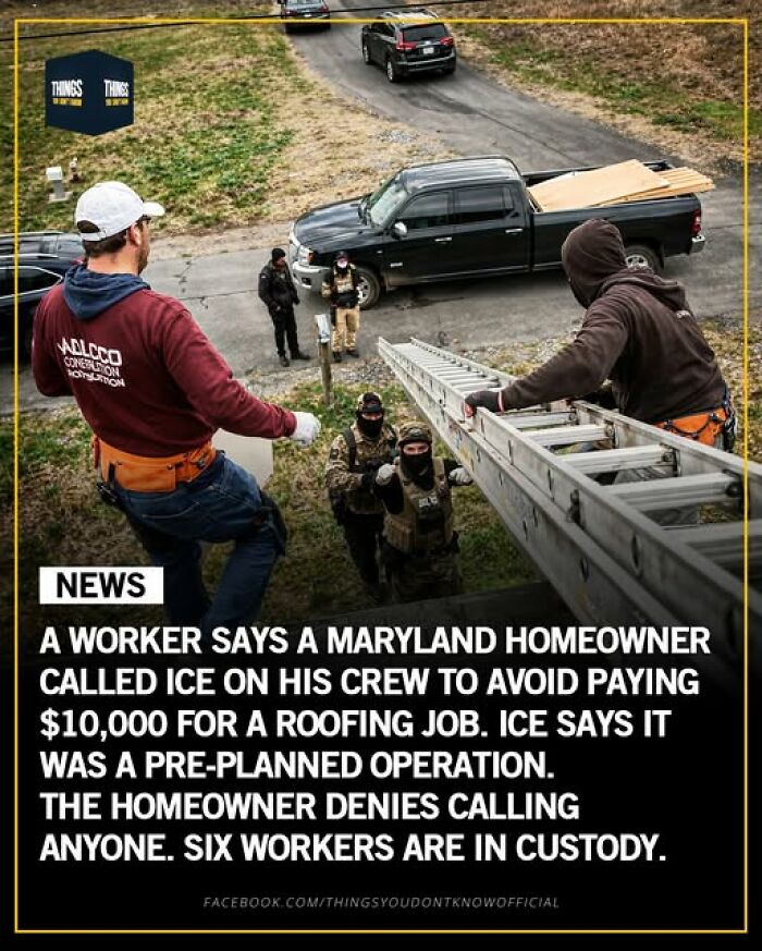 Workers climbing ladder during an ICE operation, highlighting great, sad and weird stories happening in our world.