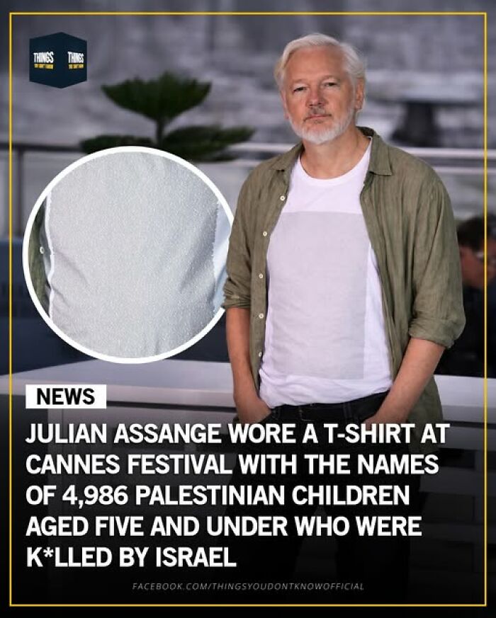 Julian Assange wearing a T-shirt with names of Palestinian children k****d, highlighting great, sad, and weird world events.