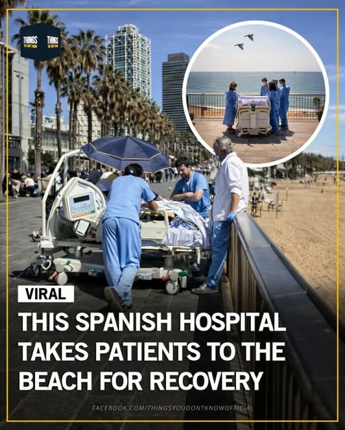 Hospital staff in Spain transporting patients on stretchers to the beach for recovery, showing great and unusual world stories.