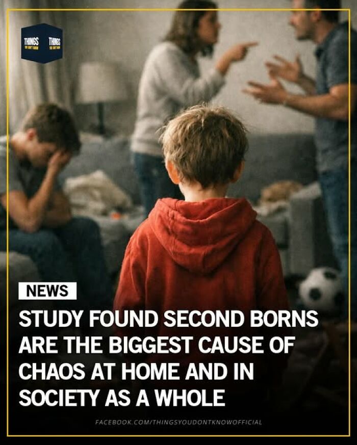 Child in red hoodie facing away while parents argue and sibling looks upset, showing chaos in family and society.