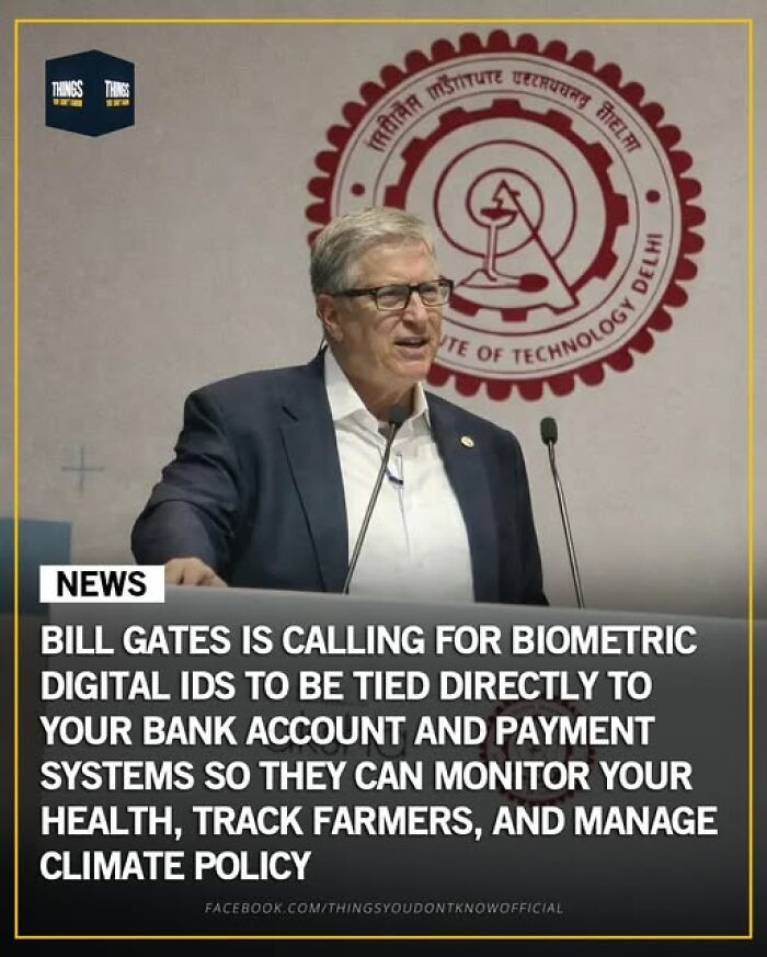 Bill Gates speaking about biometric digital IDs tied to bank accounts, health monitoring, farming, and climate management.