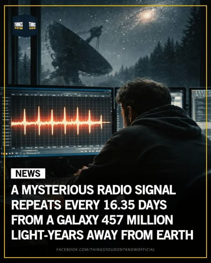 Person monitoring mysterious repeating radio signals on computer screens with satellite dish and starry sky in background.