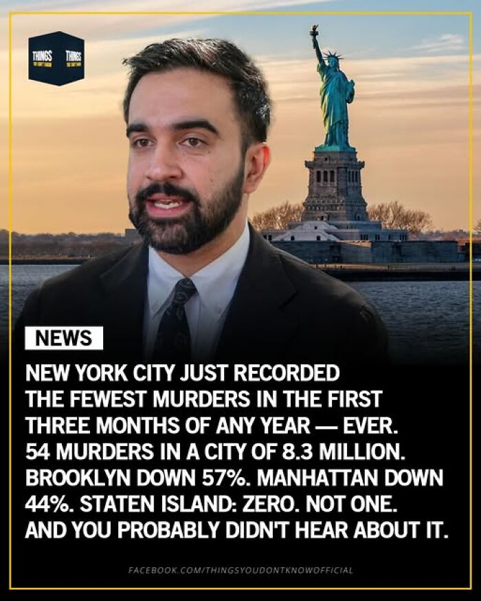 Man discussing New York City’s record low m****r rates with the Statue of Liberty in the background, highlighting facts and stories.