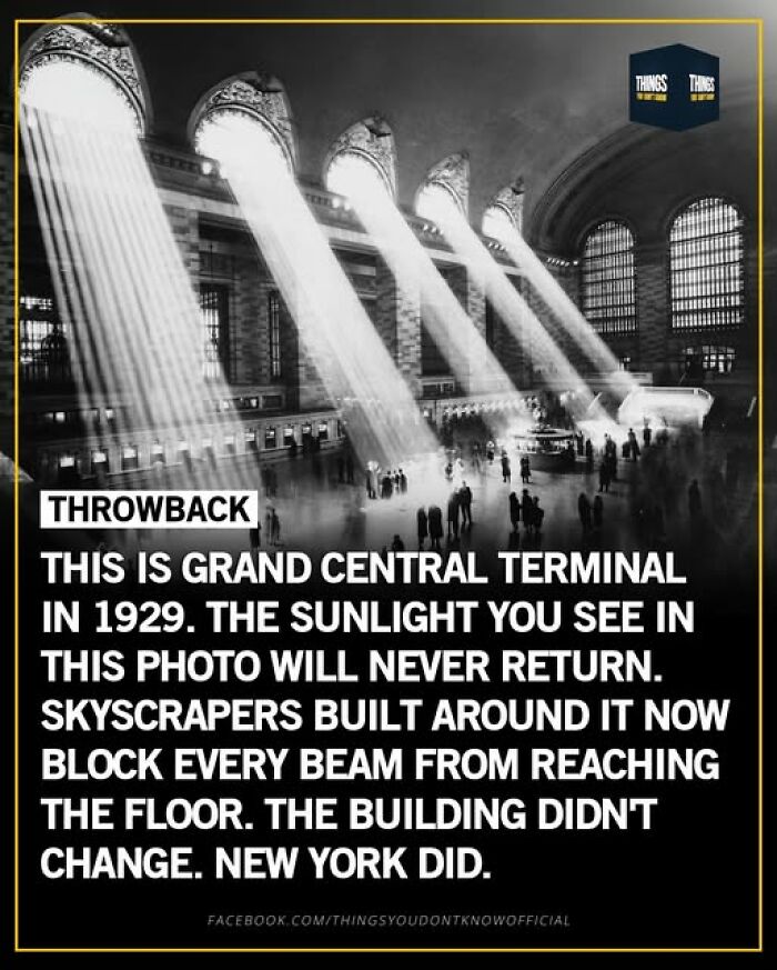 Sunlight beams streaming into Grand Central Terminal in 1929, illustrating great and sad changes in our world over time.