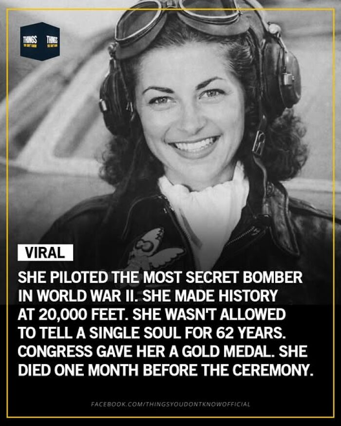 Smiling female World War II pilot wearing vintage flight gear with headset, highlighting great and sad historical facts.