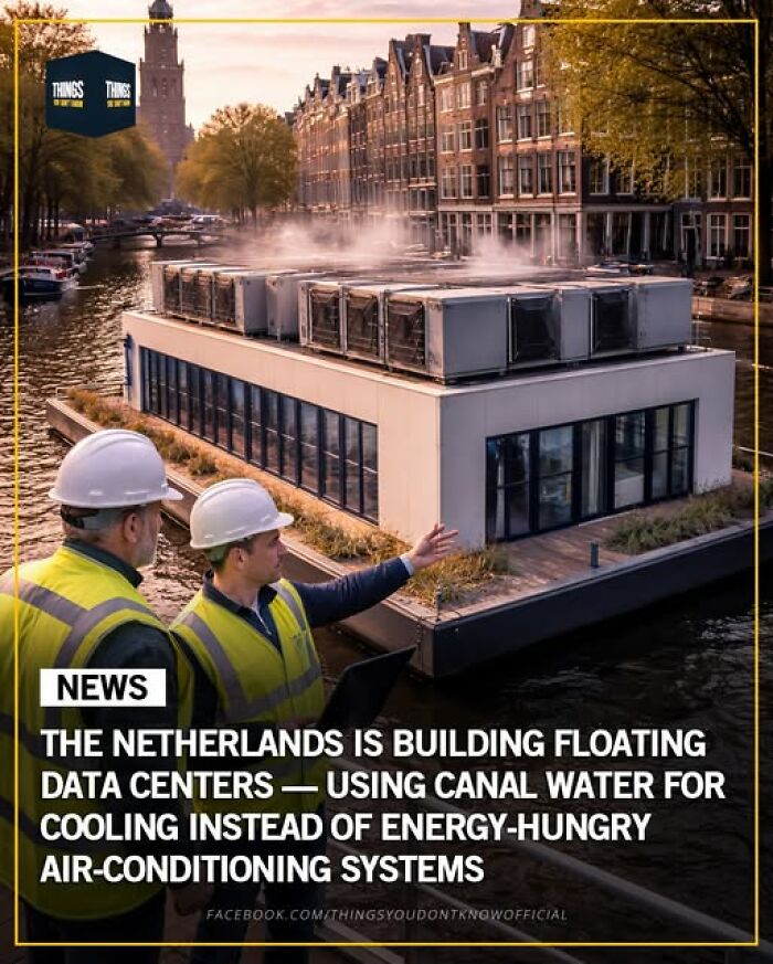 Two workers in helmets inspecting a floating data center in a canal using water cooling in the Netherlands.