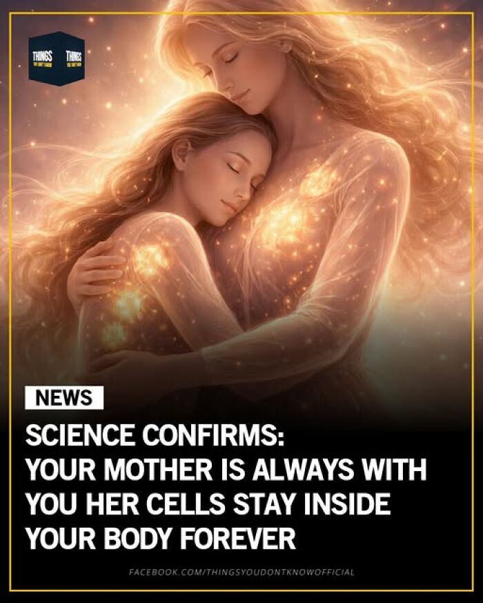 Two glowing figures embracing gently, illustrating a great, sad, and weird science fact about cellular connection.