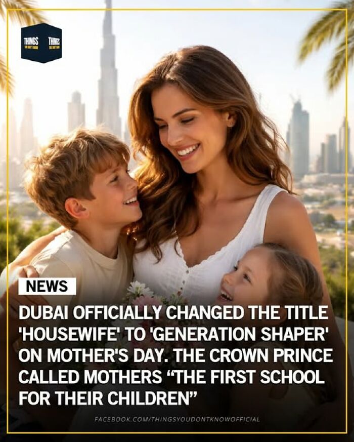 Happy mother with two children in Dubai, highlighting unique facts and stories about great, sad, and weird things in our world.