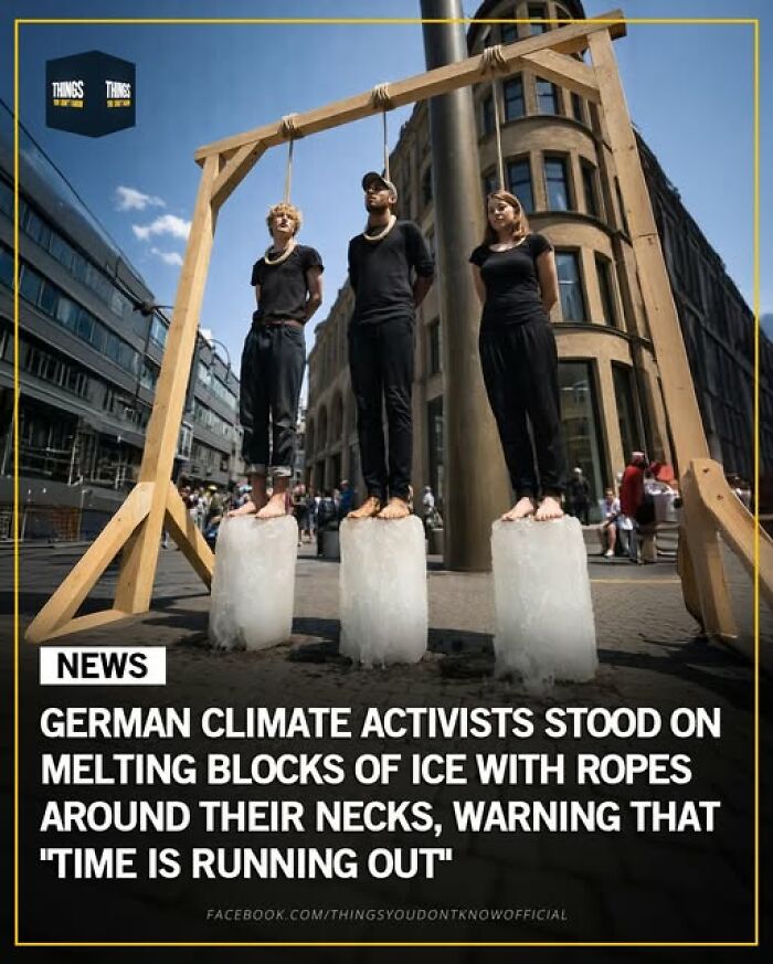 German climate activists standing on melting ice blocks with ropes around necks, highlighting urgent environmental issues and time running out.