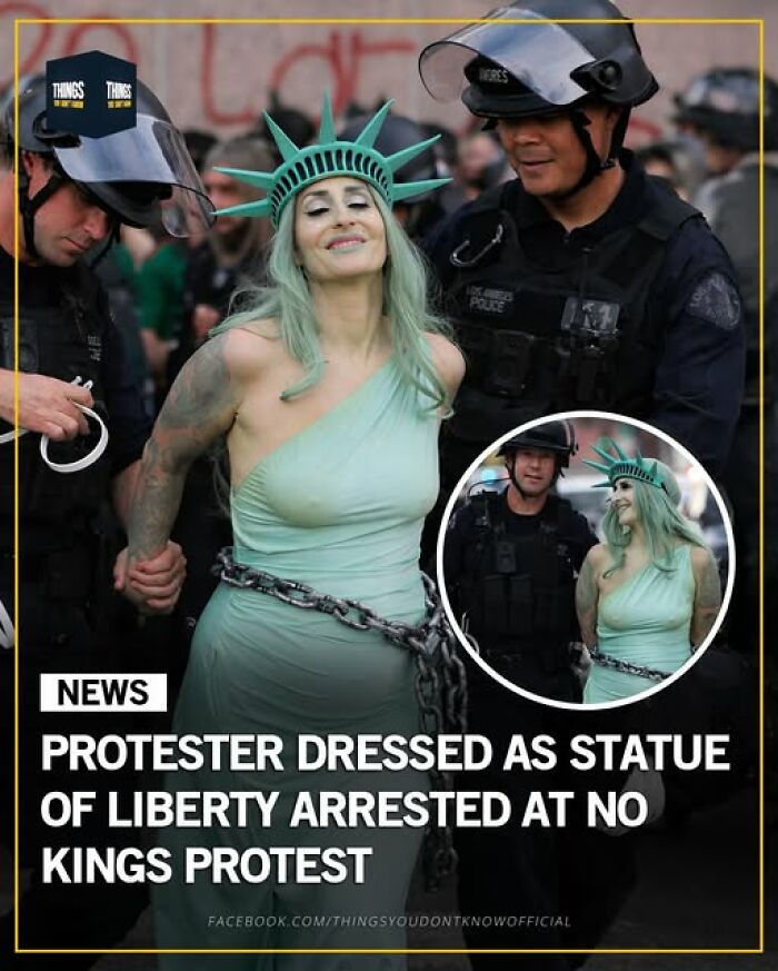 Protester dressed as Statue of Liberty arrested, illustrating great, sad, and weird things happening in our world.
