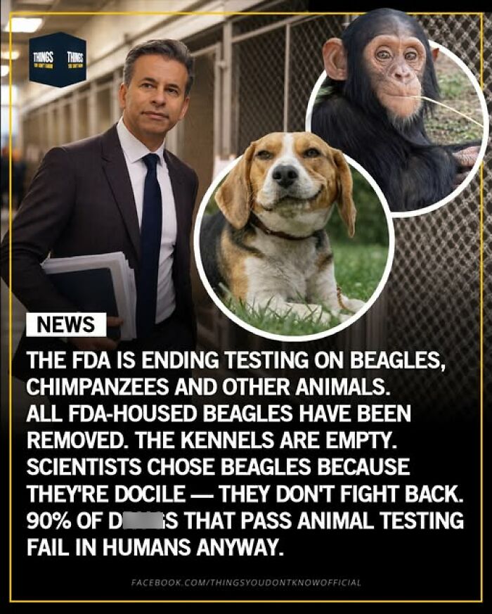 Man in suit next to images of a beagle and chimpanzee highlighting FDA ending animal testing on beagles and primates.