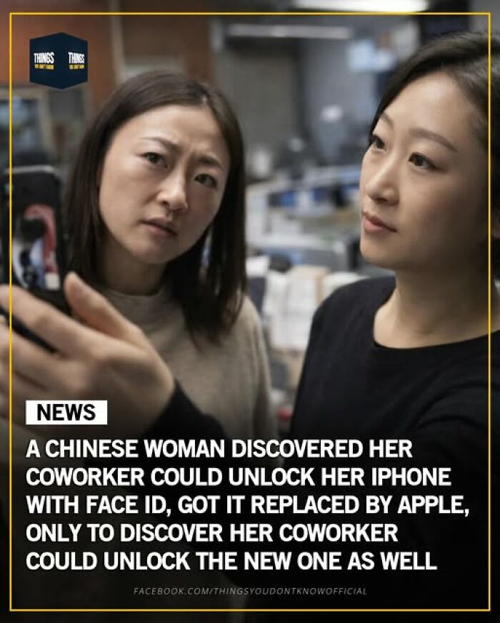 Two women in an office discussing a Face ID security issue revealing weird and surprising facts happening in our world.