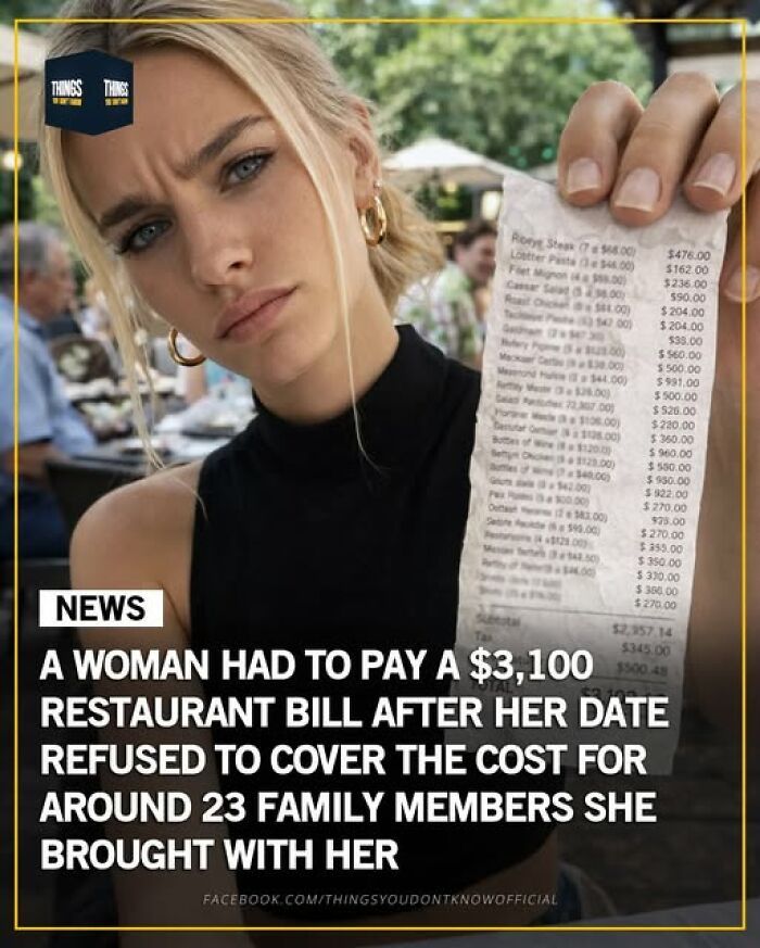Woman holding an expensive restaurant bill showing a large unpaid amount, illustrating strange and sad world stories.
