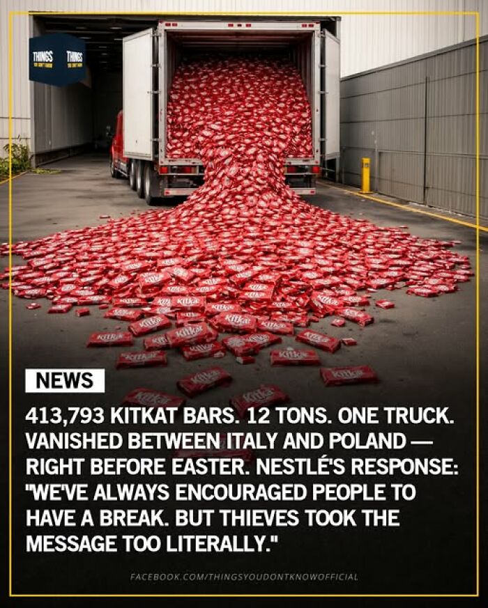 Truck unloading thousands of KitKat bars spilled on the ground, illustrating weird and sad events in our world.