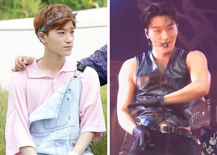 Two famous men before and after bulking up. One man wears a pink shirt and overalls, the other a black leather vest.