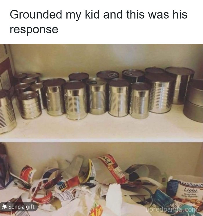 Image shows a shelf of neatly organized food cans above a messy shelf of ripped-up food packaging. A funny meme that might make your inner goblin laugh.
