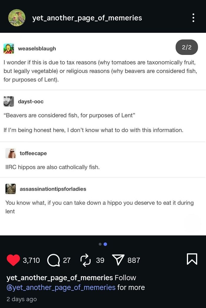 A meme about beavers and hippos being considered fish for Lent. This unhinged meme might make your inner goblin laugh.