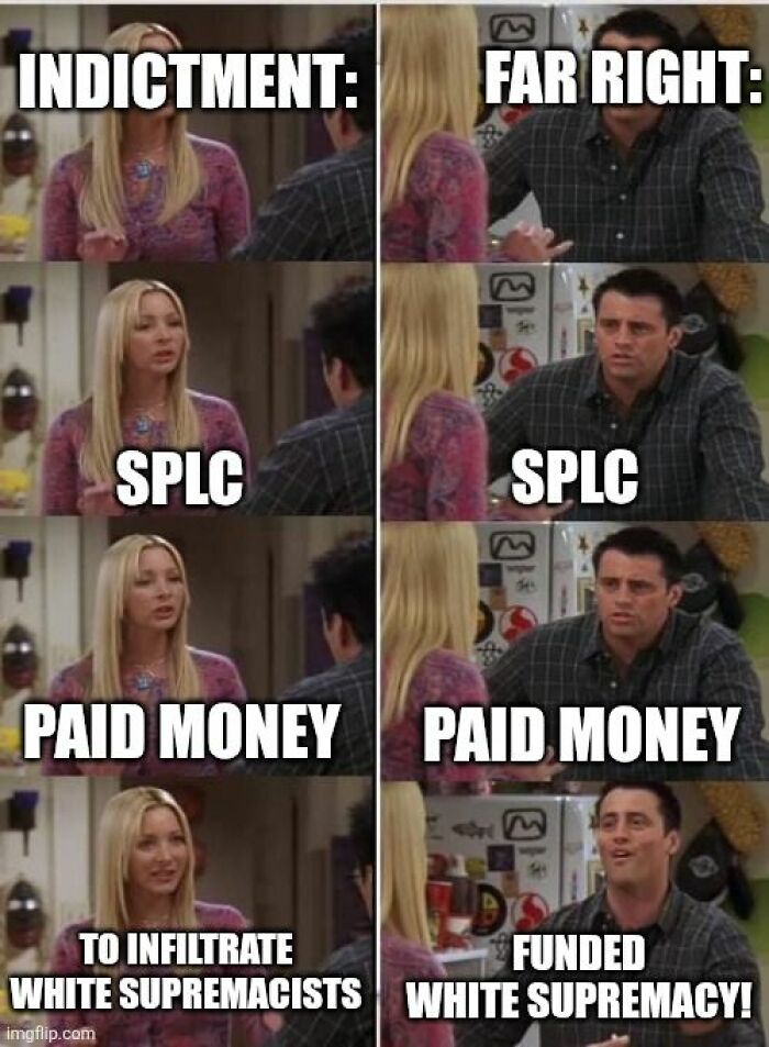 A Friends meme showing Phoebe explaining to Joey a point, who appears confused then enlightened. Unhinged memes.
