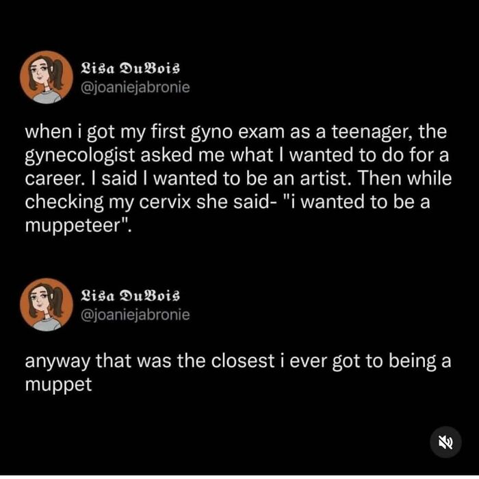 A tweet by Lisa DuBois sharing an unhinged personal story that might make your inner goblin laugh, relating to being a muppet.