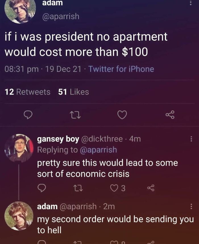 A funny meme of a Twitter exchange about apartment prices and economic crisis, highlighting an unhinged moment.