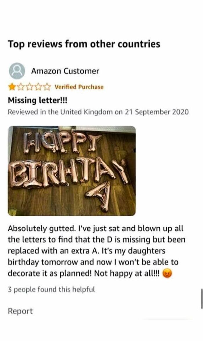 An Amazon review showing rose gold balloons spelling "HOPPY BIRHTAY A". This unhinged meme might make your inner goblin laugh.
