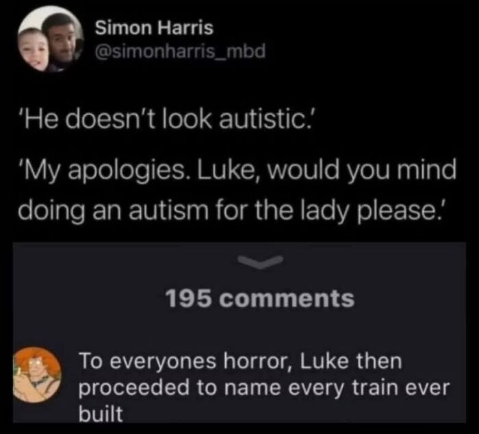 A viral tweet and comment about an autistic person, with text that might make your inner goblin laugh.