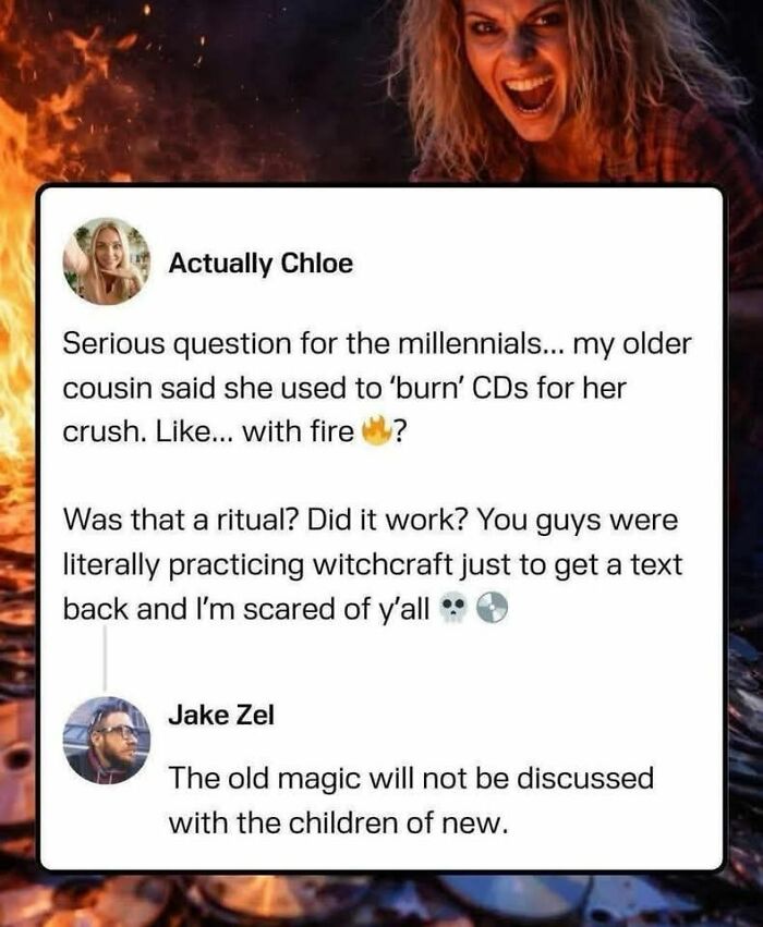 A social media post with a funny meme about burning CDs, with a woman screaming in the background, making your inner goblin laugh.