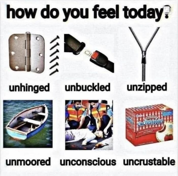 How do you feel today meme, showing options like unhinged, unbuckled, and unconscious. Might make your inner goblin laugh.