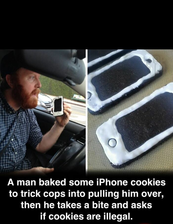 Man with red beard holding an iPhone cookie in his car, next to close-up iPhone cookies. Unhinged memes.