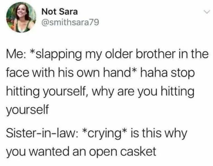 A funny text meme about slapping an older brother. This unhinged meme will make your inner goblin laugh.